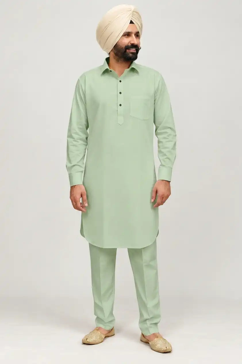 Pista Green Giza Cotton Kurta Pajama (Shirt Style Collar)