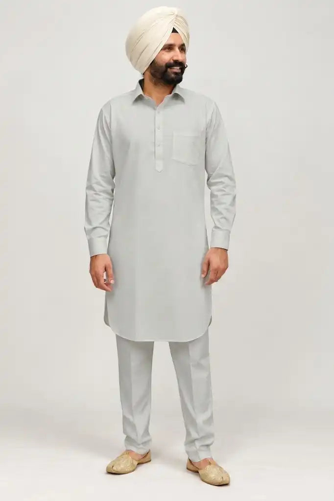 Grey Giza Cotton Kurta Pajama (Shirt Style Collar)