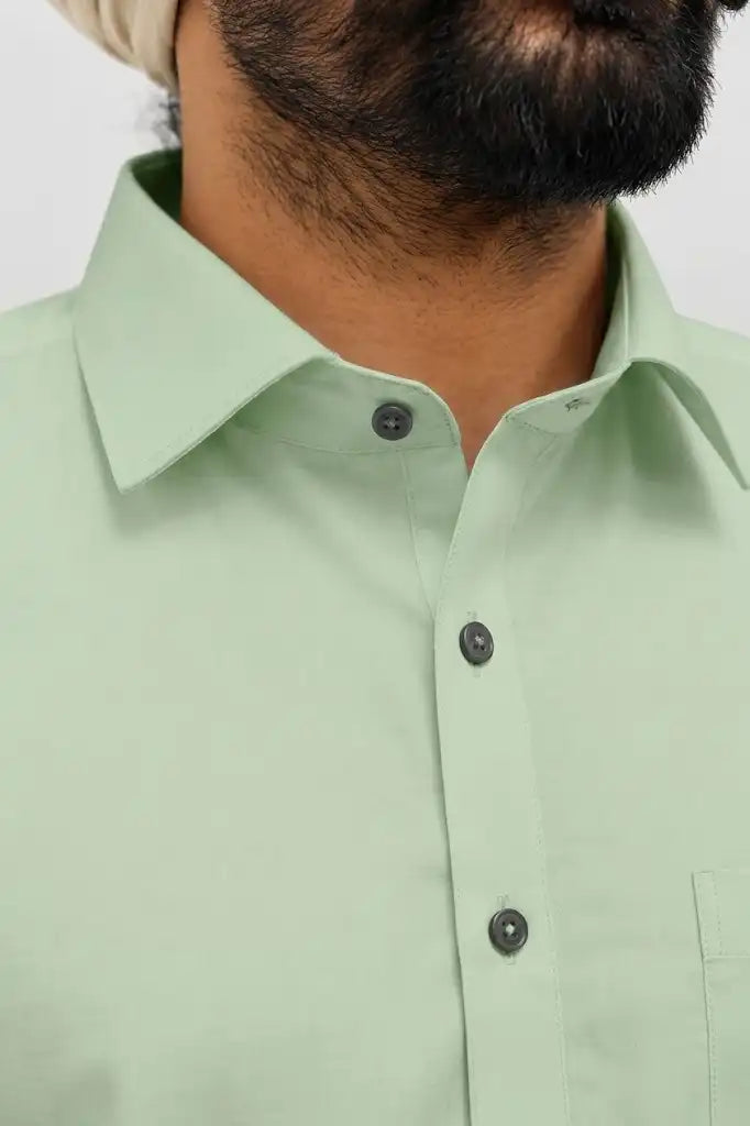 Pista Green Giza Cotton Kurta Pajama (Shirt Style Collar)