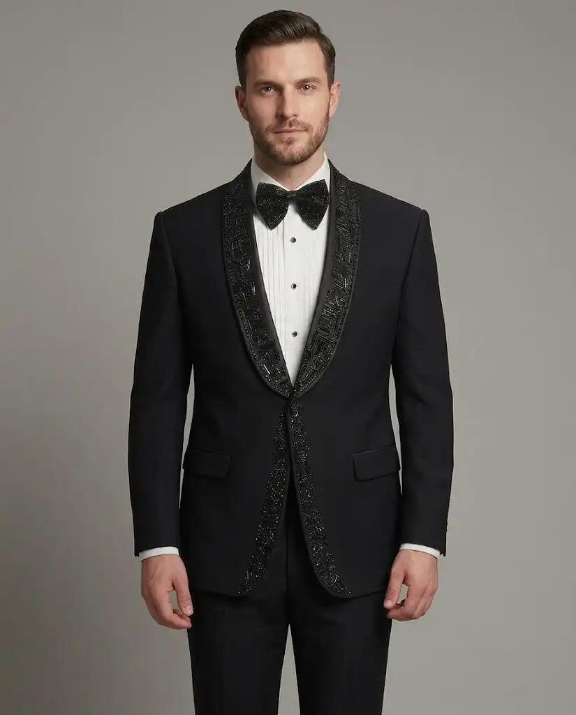 Neck Full Embroided Black Tuxedo