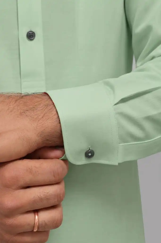 Pista Green Giza Cotton Kurta Pajama (Shirt Style Collar)