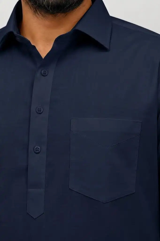 Blue Giza Cotton Kurta Pajama (Shirt Style Collar)