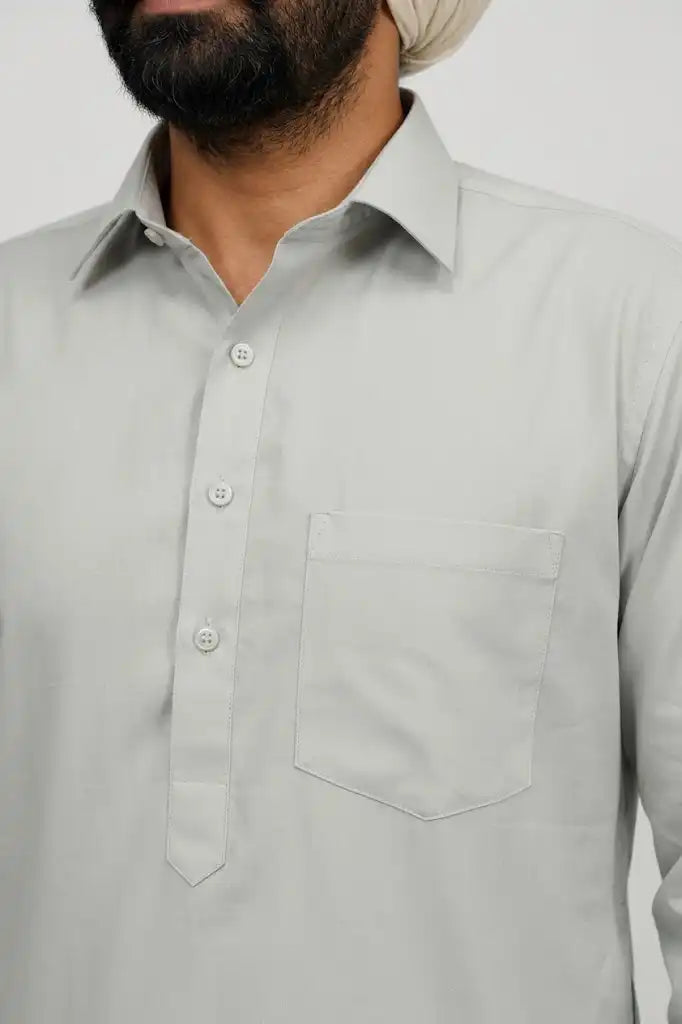 Grey Giza Cotton Kurta Pajama (Shirt Style Collar)