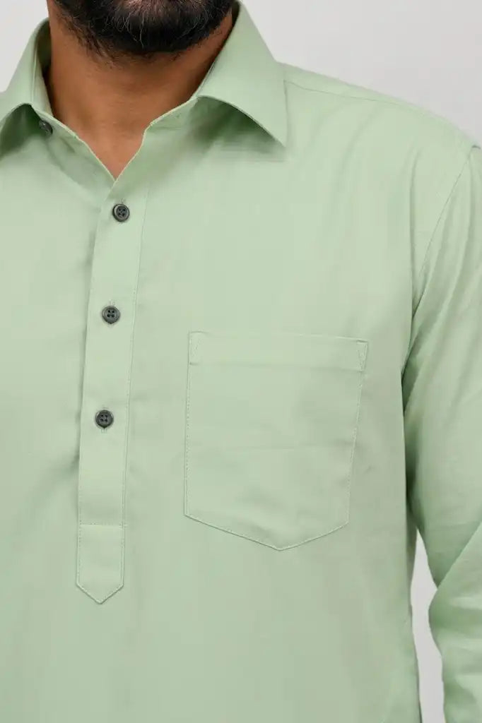 Pista Green Giza Cotton Kurta Pajama (Shirt Style Collar)
