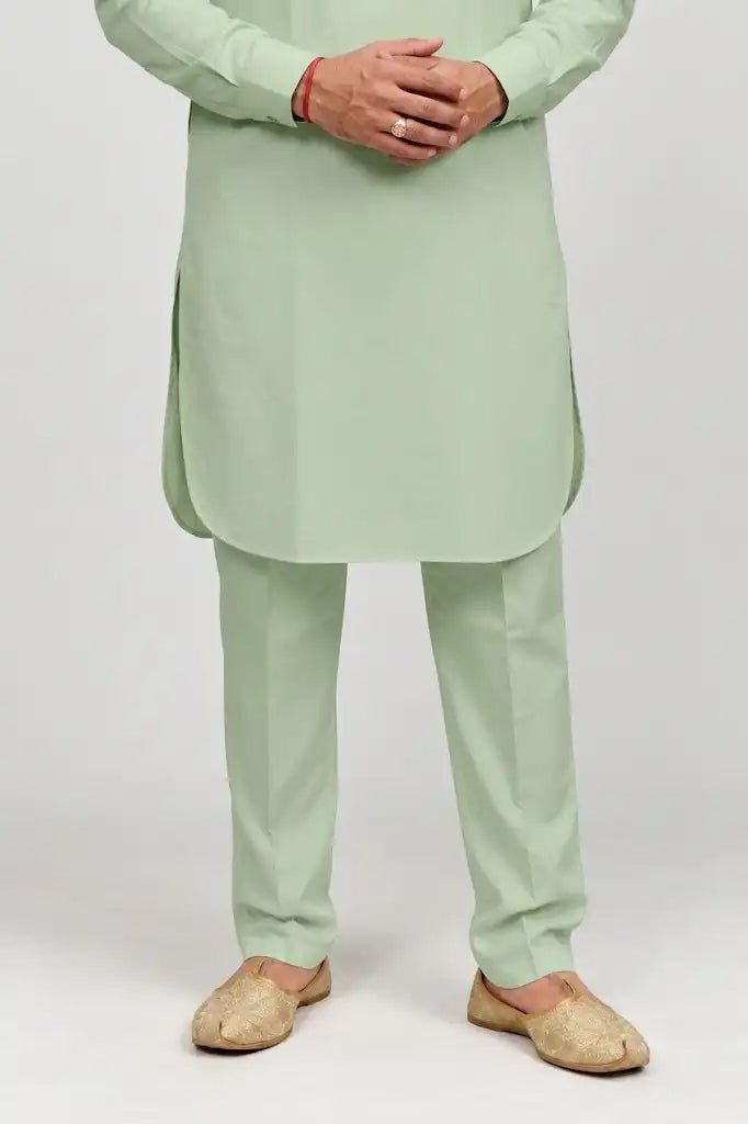 Pista Green Giza Cotton Kurta Pajama (Shirt Style Collar)