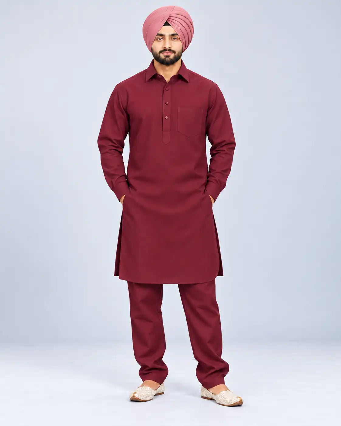 Maroon Giza Cotton Kurta Pajama (Shirt Style Collar)