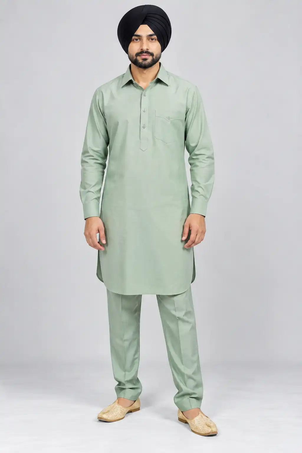 Pista Green Giza Cotton Kurta Pajama (Shirt Style Collar)