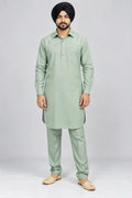 Pista Green Giza Cotton Kurta Pajama (Shirt Style Collar)