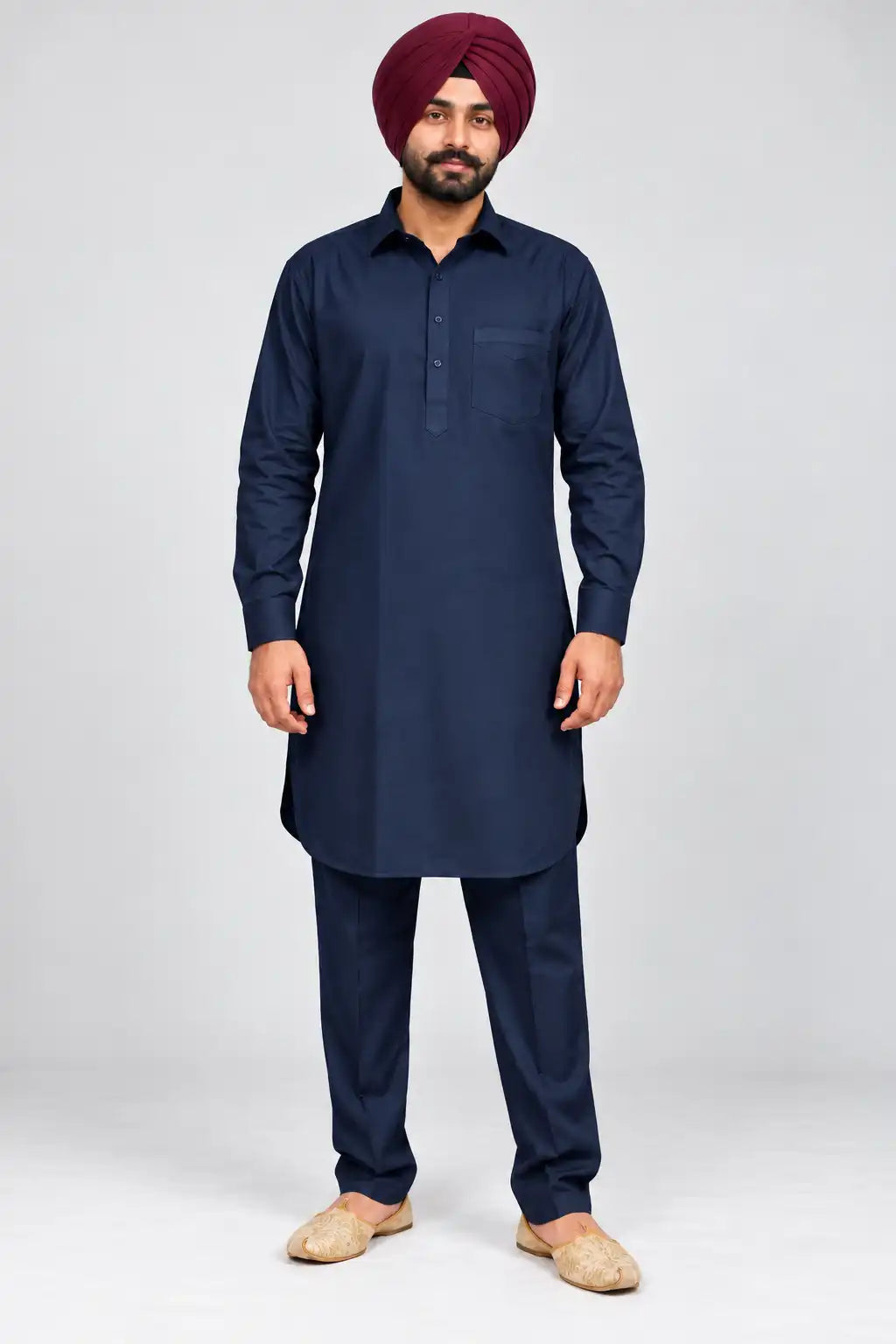 Blue Giza Cotton Kurta Pajama (Shirt Style Collar)