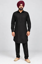 Black Giza Cotton Kurta Pajama (Shirt Style Collar)