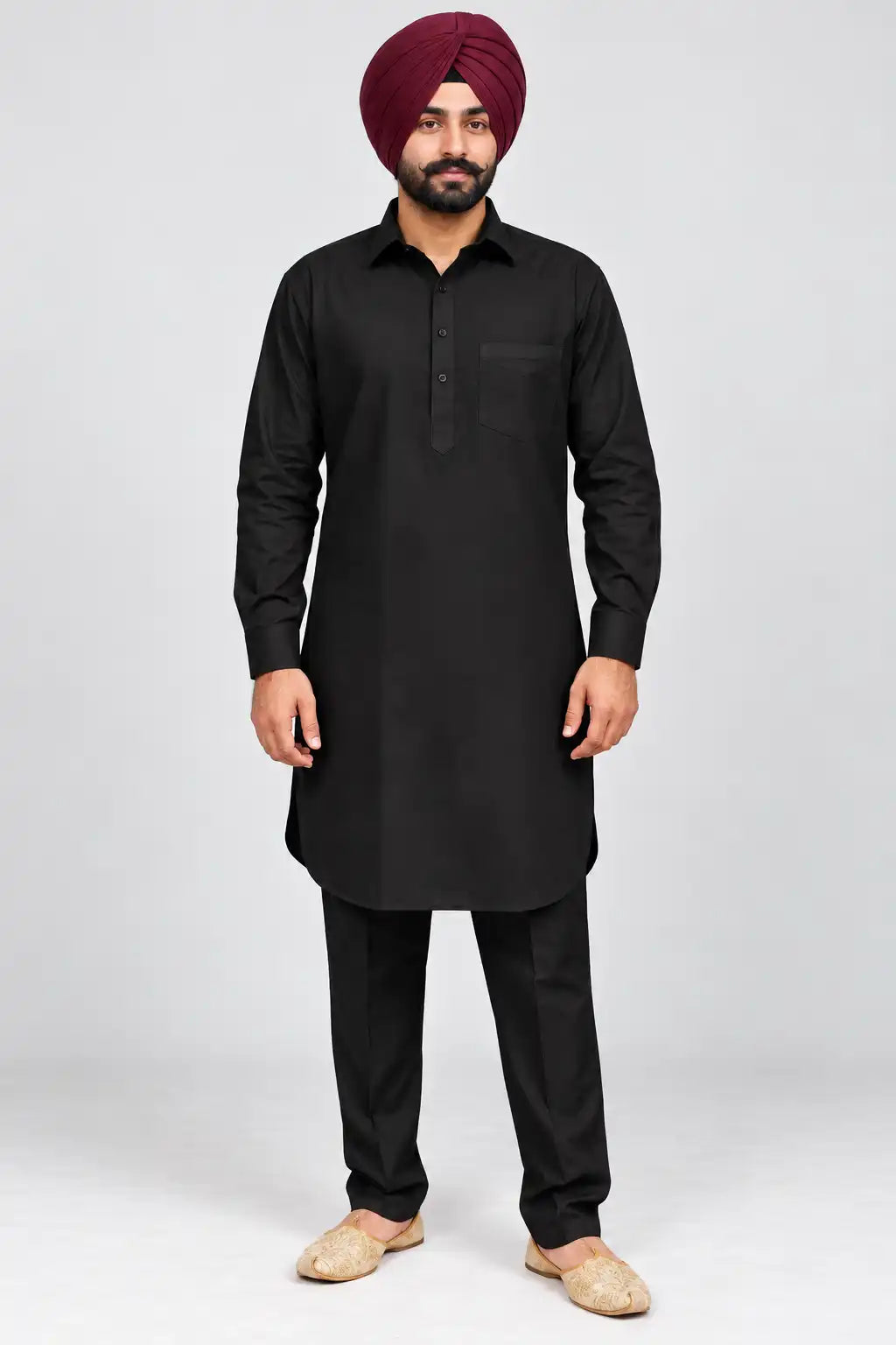 Black Giza Cotton Kurta Pajama (Shirt Style Collar)