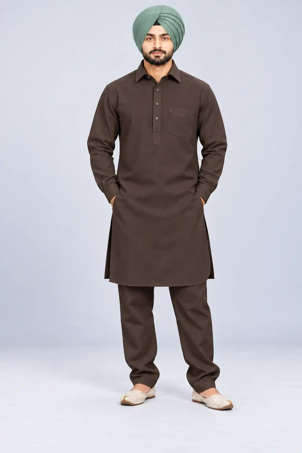 Brown Giza Cotton Kurta Pajama (Shirt Style Collar)