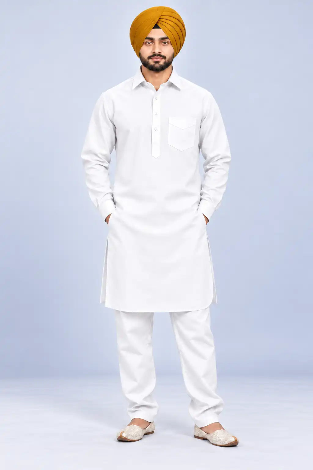 White Giza Cotton Kurta Pajama (Shirt Style Collar)